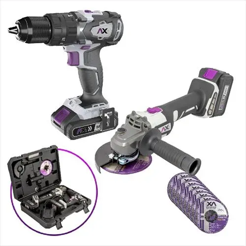 Kit de esmeriladora y taladro en maleta plástica y 10 discos 4 1/2"